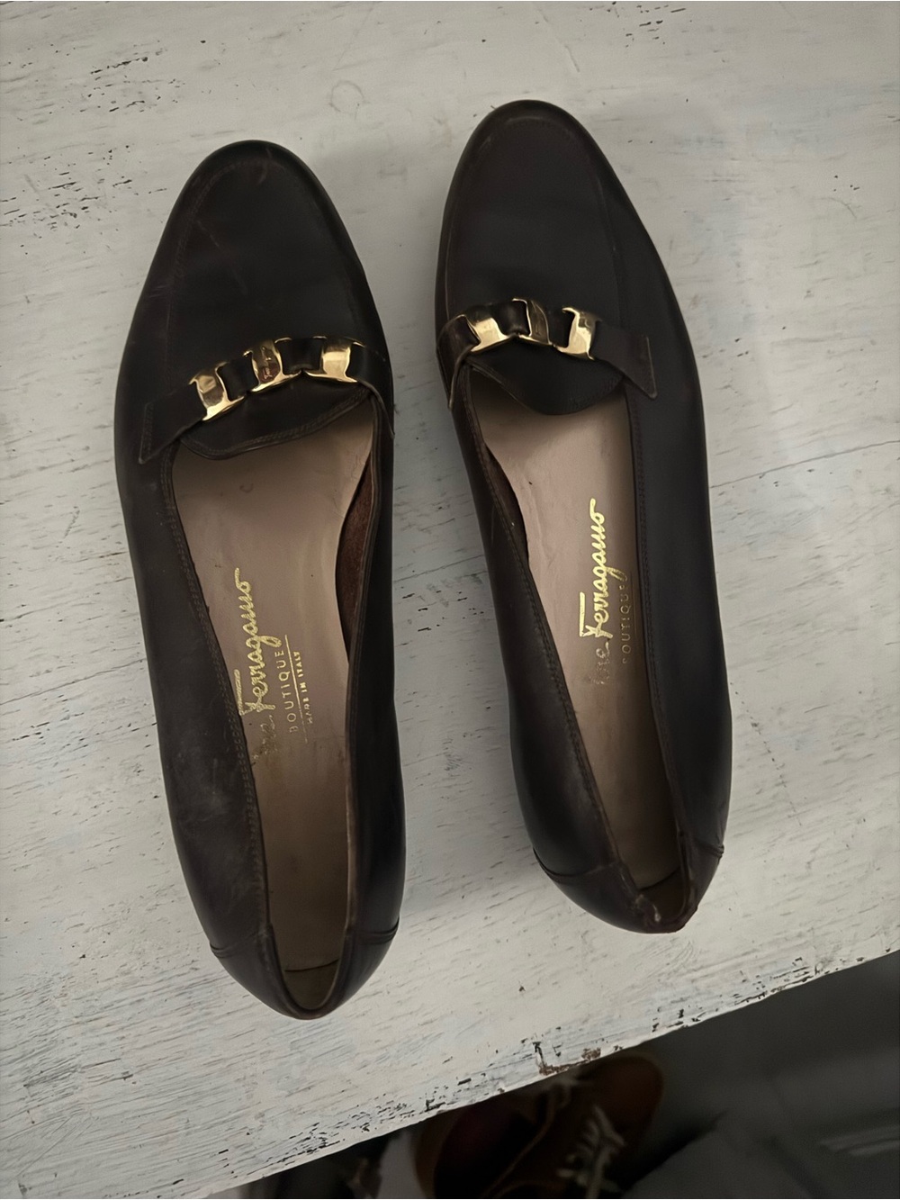 Salvatore Ferragamo Dark Brown Leather Loafers with Gold Hardware flat s